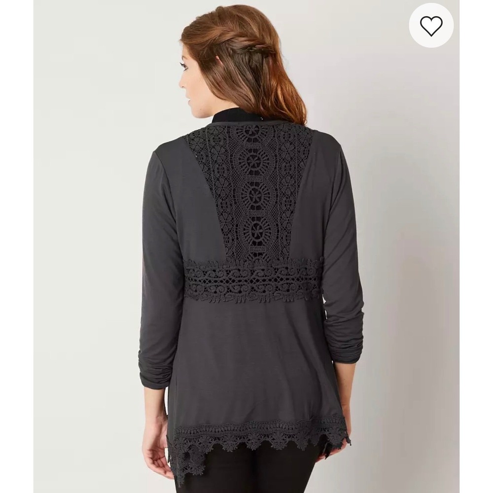 BKE Boutique Womens XS Gray Crochet Lace Open Front Cardigan Boho Fairy Grunge